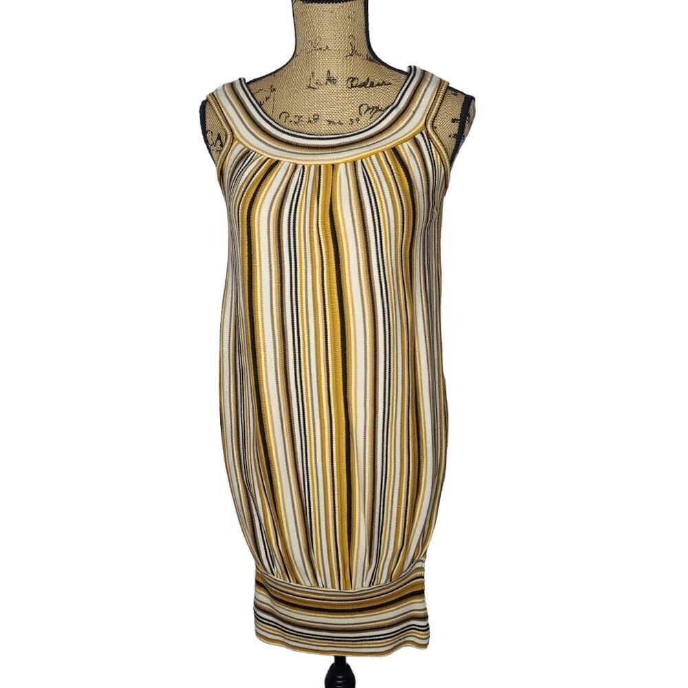 Vintage 90s Y2K Retro Yellow Brown Mod Striped Dress Small